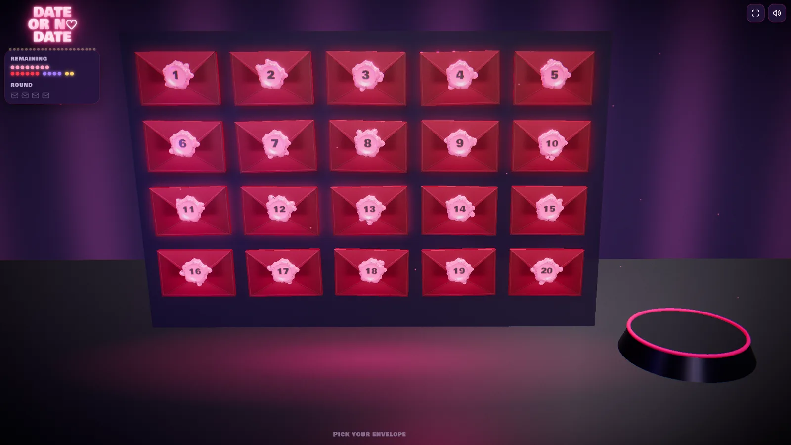 The game board with 20 sealed envelopes, on a TV