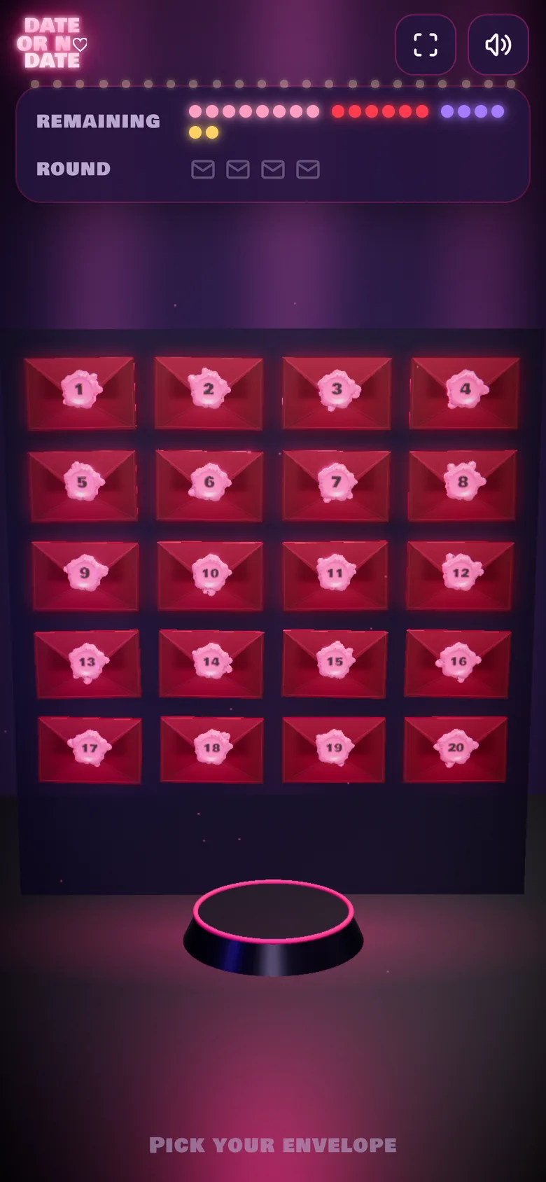 Twenty sealed envelopes on the game board